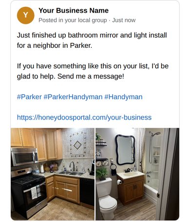 The preview of the finished post: the text, local hashtags, a link to the business website and two photos of the job