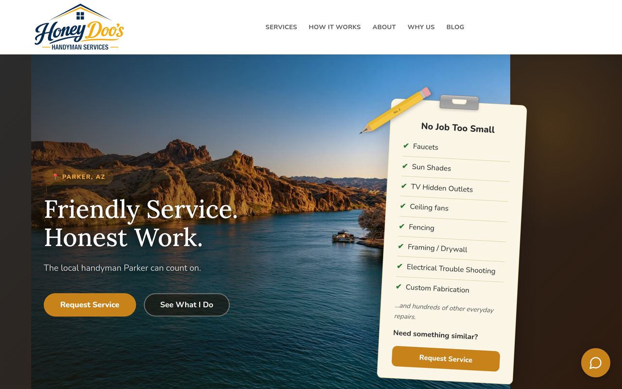 The Honey Doo's Handyman Services website on a computer: logo, Parker AZ, Friendly Service. Honest Work., a Request Service button and a No Job Too Small checklist