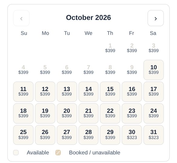 The guest booking calendar for October 2026, showing the nightly price under each available date