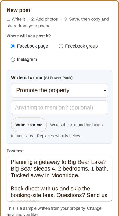The rental post builder on a phone: choose Facebook page, Facebook group or Instagram, and a sample post written from the property is filled in