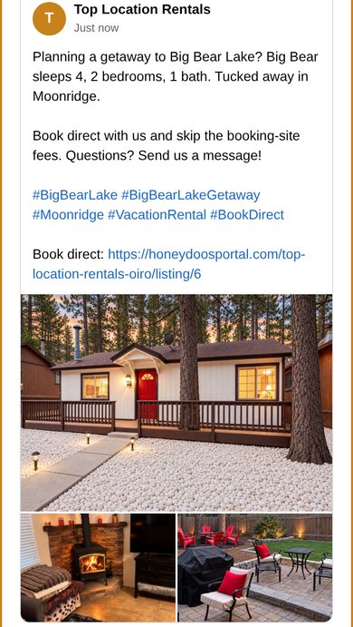 The preview of the finished post: the text, local hashtags, the booking link and three photos of the property