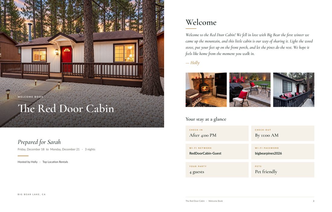 The first two pages of a sample Welcome Book: a cover for The Red Door Cabin prepared for Sarah, and a Welcome page with the host's note, photos, check-in and check-out times and Wi-Fi details